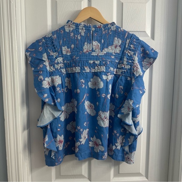 Anthropologie Eze Sur Mer Blouse Ruffle Blue Floral Boho Casual Size Medium New - Picture 4 of 6